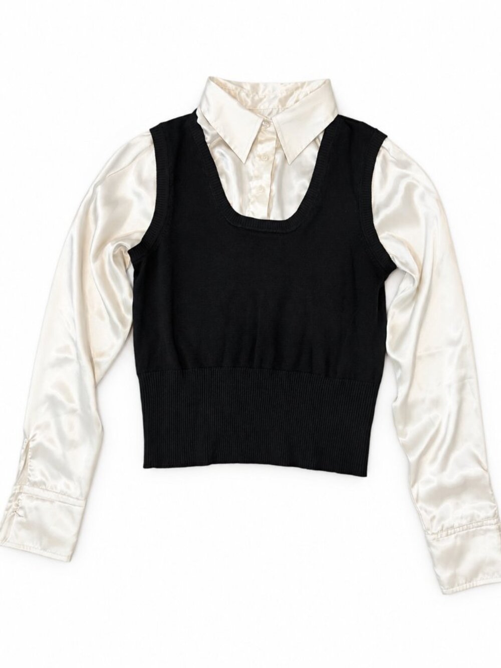 George Black Sweater Vest & White Button Down Blouse Set Size L